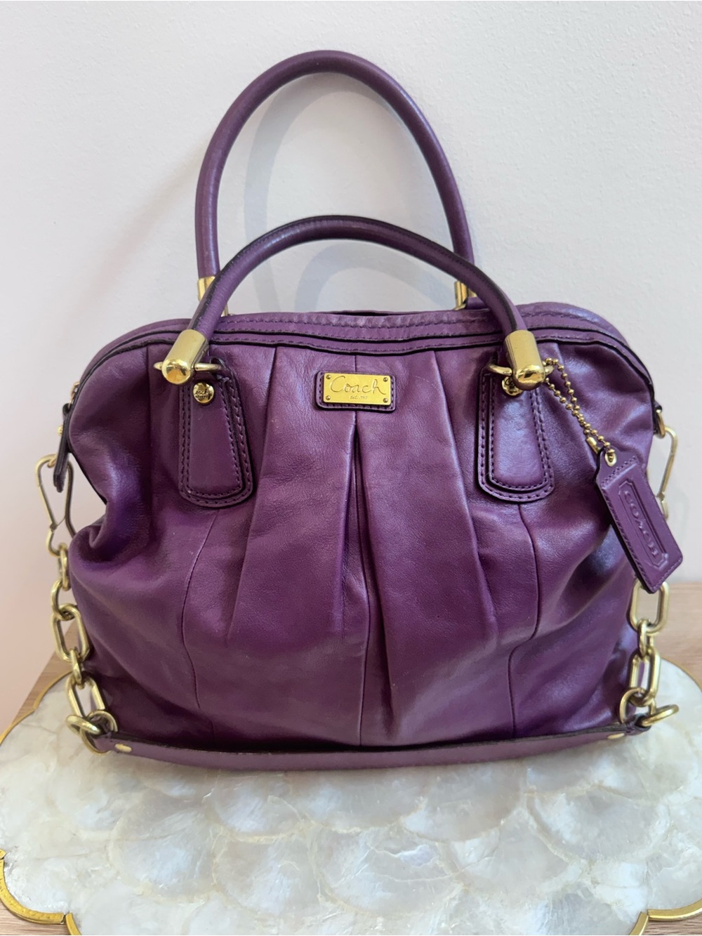 Coach purple pleated leather satchel older style